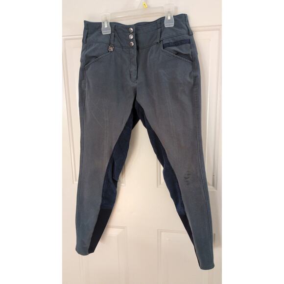 ROMFH 30R Riding Pants Gray with Blue Trim, Stain on leg - Picture 1 of 9